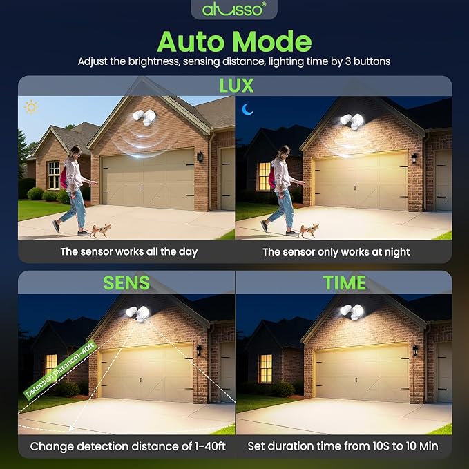 ALUSSO Motion Sensor Outdoor Lights Metal Heads, 30W 3600LM Flood Lights Outdoor 120V, 3 Modes Dusk to Dawn/Auto/On Time, 3000K 4000K 6500K Adjustable, Hardwired Security Light ETL Listed, White 1PC