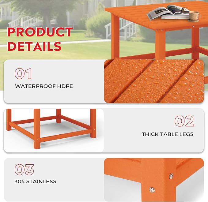 Costaelm Patio Conversation Set, Patio Chairs Set of 5 Balcony Firepit Furniture Outdoor Adirondack Square Table and Chair Backyard Furniture Set for Lawn Porch Pool Garden, Orange