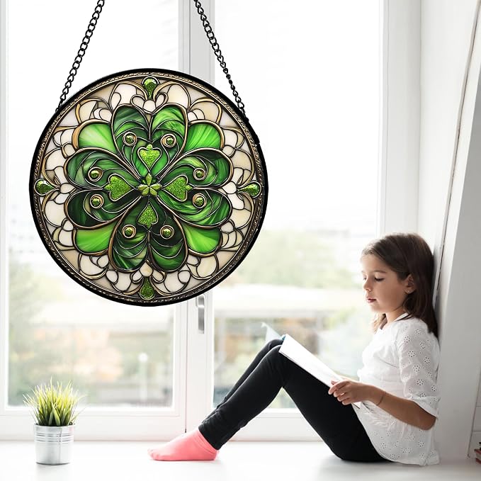 DASTOLL Stained Glass Window Hanging St. Ripak Festival Green Lucky Clover Large 15" - Suncatcher Door Garden Sun Catcher Ireland Decor Mother's Day for Mom Woman Her Men Sisters