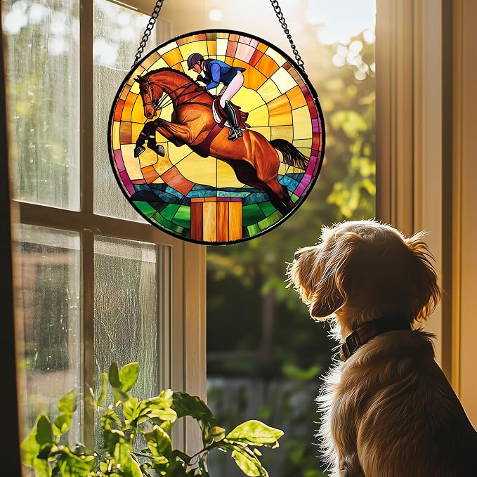 DASTOLL Stained Glass Window Hanging Equestrian Sports 6.3" - Horse Suncatcher Door Garden Sunroom Sun Catcher Home Decor Birthday Christmas for Mom Men Woman Nana