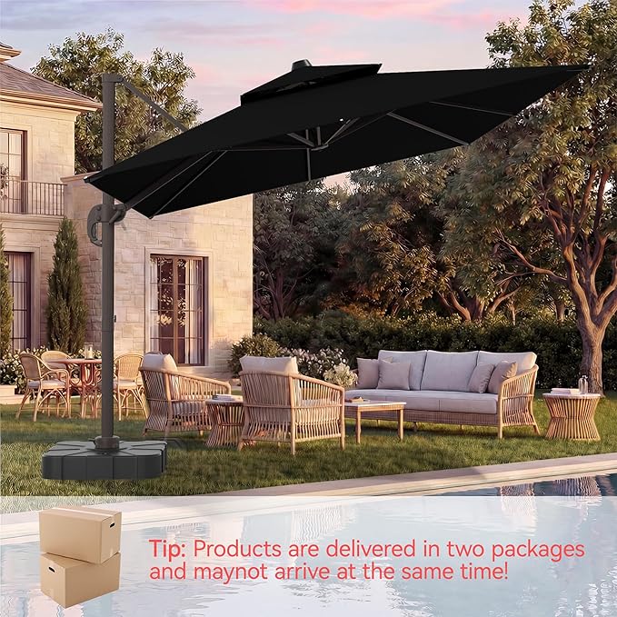 10x13 FT Patio Umbrella with Base, Large Cantilever Rectangular Double Top Heavy Duty Offset Umbrellas with 360° Rotation, Outdoor shade for Garden Deck Pool Patio, Black