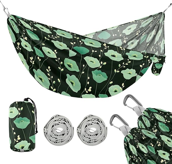 Camping Hammock Outdoor Hammocks for Outside Green Flowers Black Beach Trees Portable Lightweight with Pockets Tree Straps Indoor