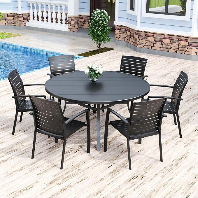 Anmutig Outdoor Dining Set for 6, 54" Round Table & 6 Aluminum Frame Chairs | Stackable Chairs, Resin Slat Seating, Powder-Coated Steel Table, Umbrella Hole, Easy Assembly, Patio, Garden, Backyard