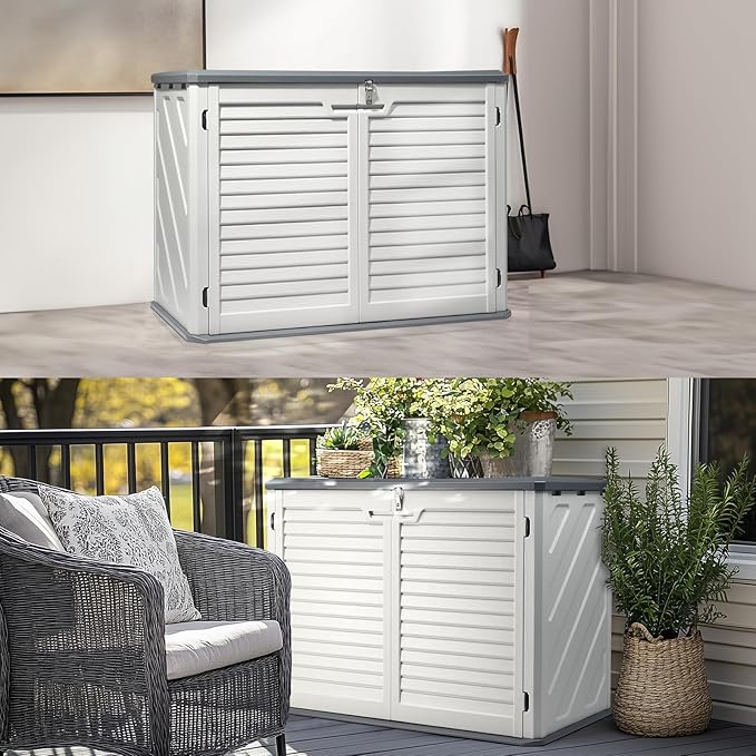 VINGLI Outdoor Storage Shed, Resin Storage Cabinet with Lockable Design, Weatherproof Tool Shed with HDPE Material, Resin Deck Box for Garden Tools, Pool Equipment, Garbage Cans, White (31.5 Cu.ft)