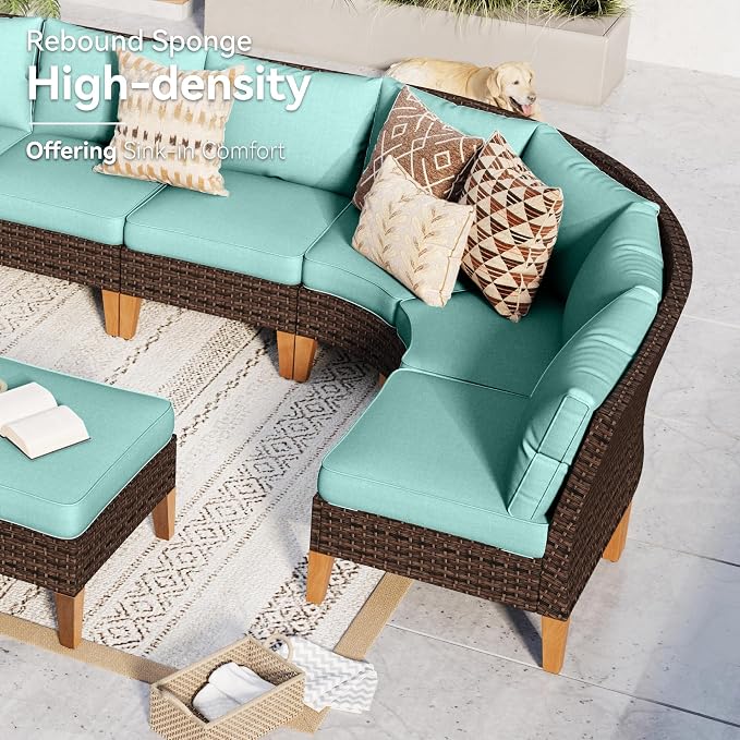 GREEN PARTY 8 Pieces Wicker Patio Furniture Set, All-Weather Outdoor Rattan Half-Moon Curved Patio Sectional Sofa Conversation Set 8 Seats with 4" Thick Cushions for Backyard, 2 x Ottomans (Blue)