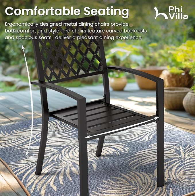 PHI VILLA Patio Dining Set, Stackable Chairs&37" Square Table | 37" Square Table & Stackable Iron Chairs, Large Furniture Set for Porch, Deck, Yard