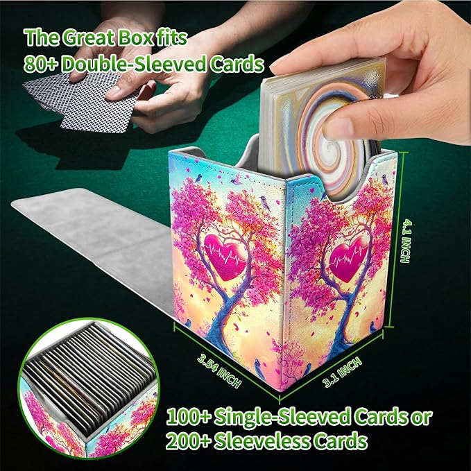 Deck Box for MTG, Cards Storage Box Fits 120+ Sleeved, Leather Medium Size Strong Magnetic Closing Card Case for Board Games Magic TCG CCG Baseball Collection, Pink Tree