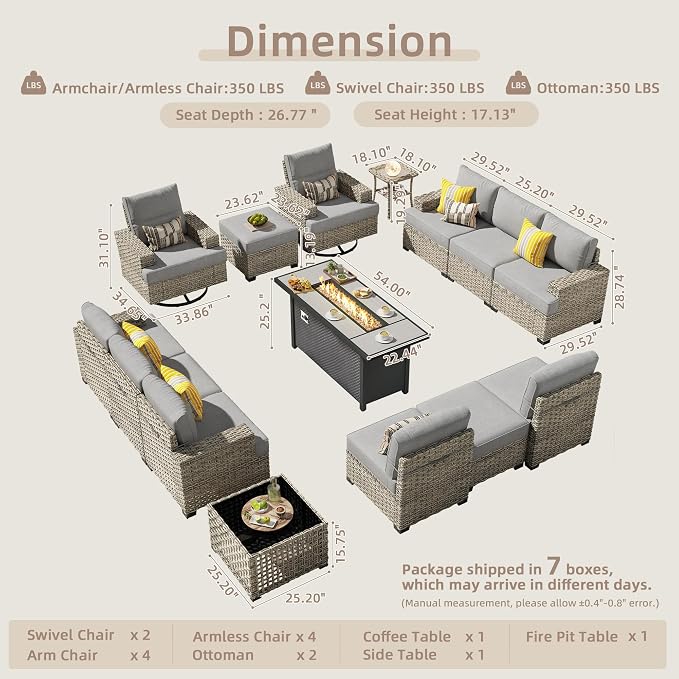 CAODOC 15-Piece Outdoor Sectional Sofa Set w/ 54" Fire Pit – L-Shaped Wicker Patio Furniture, Deep Seating & Swivel Rockers, Dark Gray