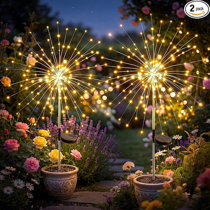 Solar Firework Lights Outdoor 2 Pack, 120LED Starburst Garden Lights Solar Powered with 8 Lighting Modes, Waterproof Decorative Lights for Flower, Walkways, Garden & Patio-Gifts for Women Mom