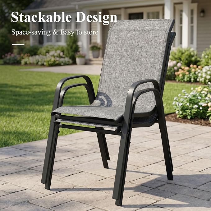 11 Pieces Outdoor Dining Set, 63" Round Table with Umbrella Hole & Stackable Patio Dining Chairs, Patio Table and Chairs Set for Deck Garden Porch, Grey Chairs & Grey Table