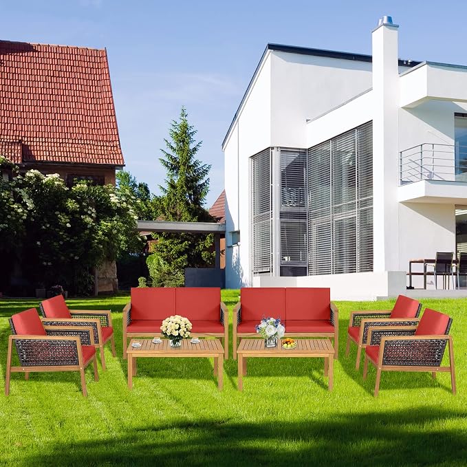 8 Pieces Outdoor Acacia Wood Furniture Set, Outdoor PE Wicker Conversation Set with Coffee Table and Soft Cushions, Outdoor Sofa Set for Garden, Poolside and Backyard (2, Red)