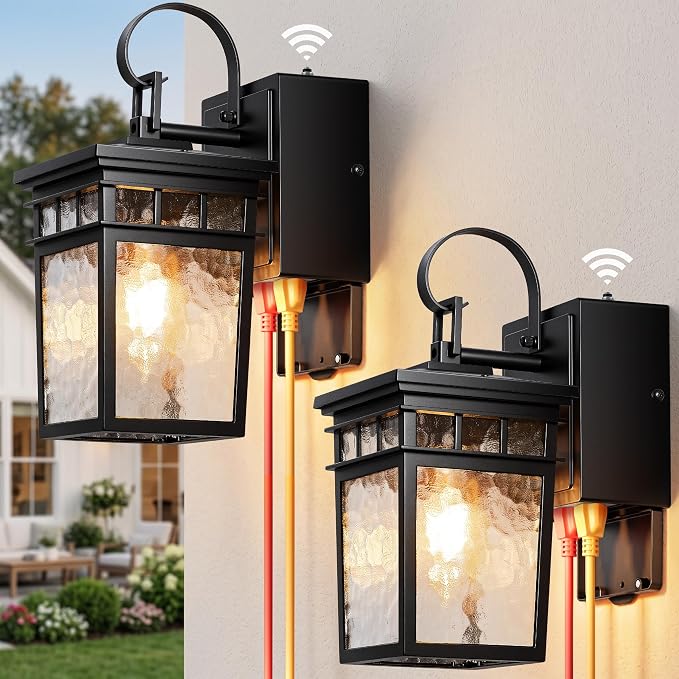 Gleamz 2 Pack Black Outdoor Wall Lights with GFCI Outlet, Dusk to Dawn Outdoor Lighting with Water-Ripple Glass, Anti-Rust Porch Lights for House, Garage, or Patio, 100% Aluminum, Waterproof