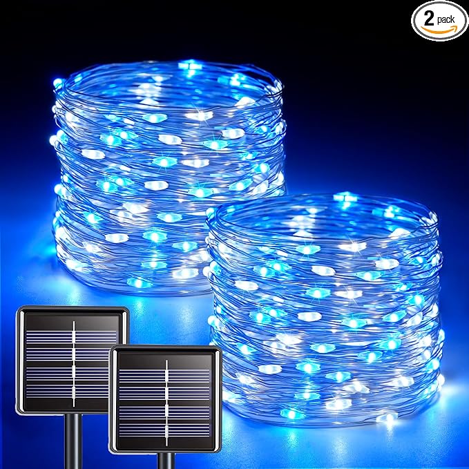 JMEXSUSS 2 Pack Solar Fairy Lights, Each 33FT 100 LED, Blue and White | Outdoor Waterproof, 8 Modes Copper Wire Solar String Lights for Outside Yard Patio Garden Christmas Decorations