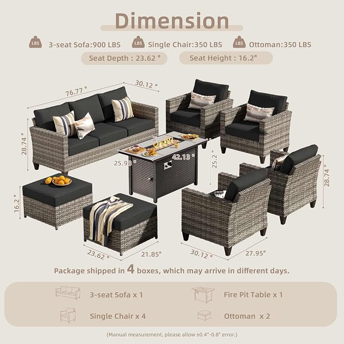 CAODOC 8-Piece Outdoor Wicker Patio Set with 9 Seats, Including 43" Fire Pit - Sectional Sofa and Conversation Set for Backyard or Lawn, Gray Rattan with Waterproof Black Cushions