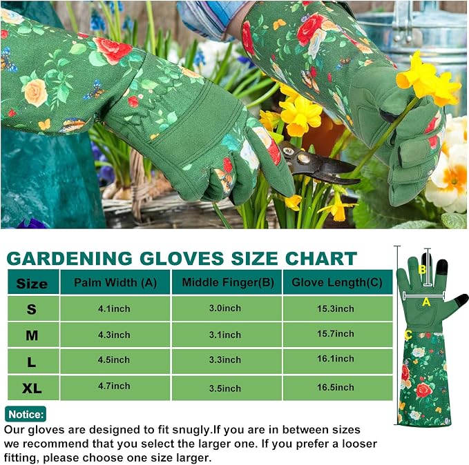 DLY Garden Gloves for Women,Gardening Gloves,Garden Gift for Lady,Blue,XL | Lightweight Microfiber Leather, Breathable Long Cuff, 3-Finger Touchscreen, Green Rose Print, Pruning, Weeding & Yard Work