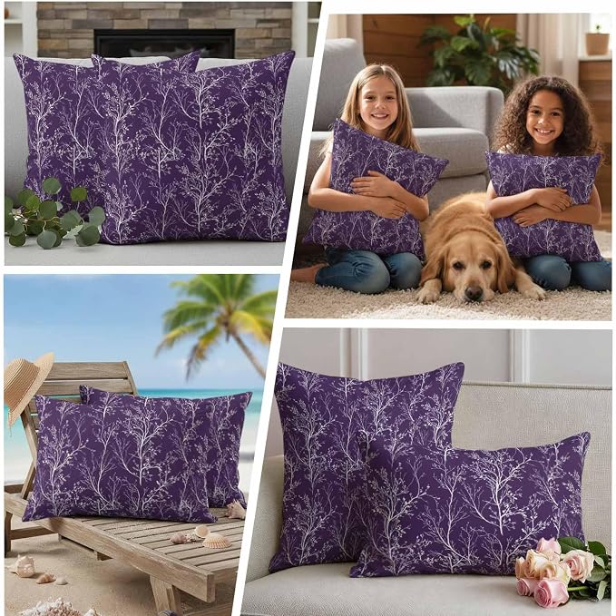 Purple Branches Waterproof Outdoor Pillow Covers Set of 2 Home Decor, Abstract Art Leaves Plant Pillowcase Patio Pillow Covers for Couch Bench Patio Furniture Garden 24x24in