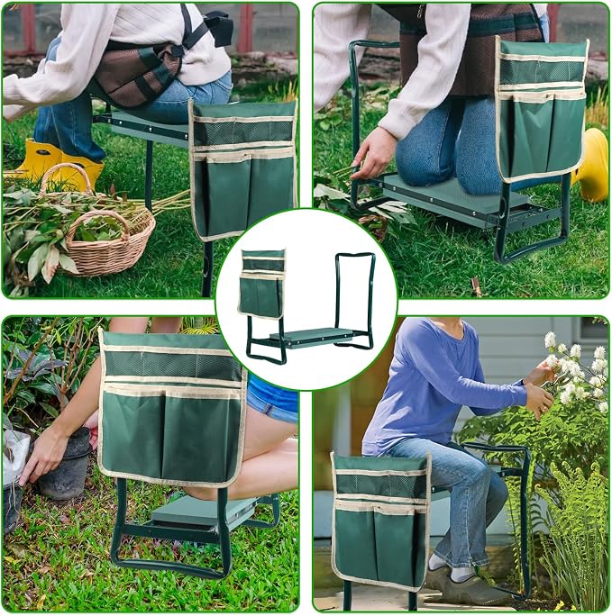 Portable Foldable Garden Kneeler and Seat with Tool Pouch & EVA Pad | Portable Foldable Gardening Kneeling Bench Stool with Tool Pouch & EVA Foam Pad for Gardeners, Seniors & Women