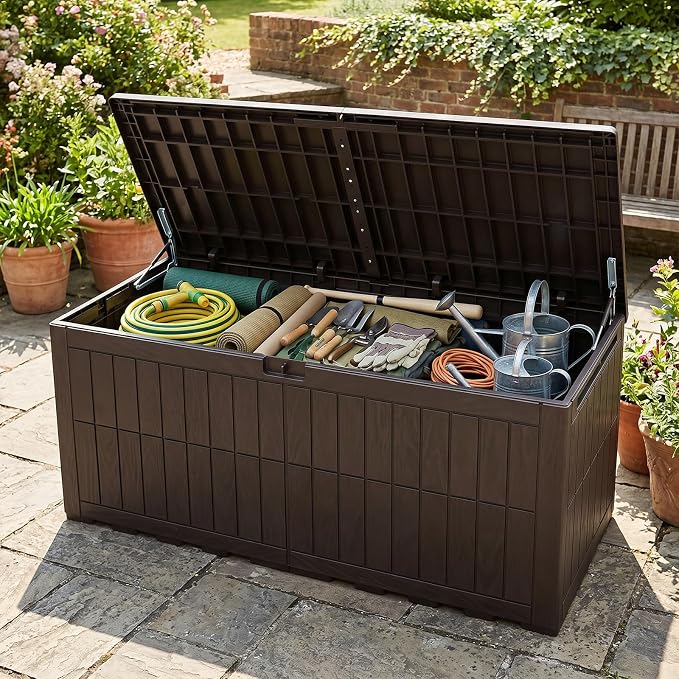 Tangkula 180 Gallon Outdoor Storage Box, Waterproof PP Resin Patio Storage Box with Lockable Lid for Indoor & Outdoor Use, 2-in-1 Rattan Design Deck Box for Cushions, Garden Tools