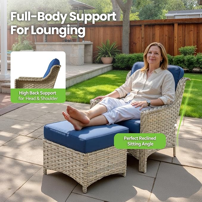 8 Piece Patio Furniture Set with Fire Pit Table, All Weather Wicker High Back Sofa Chairs Ottoman with Thick Cushion, Outdoor Conversation Sets for Large Backyard Deck Garden, Navy Blue