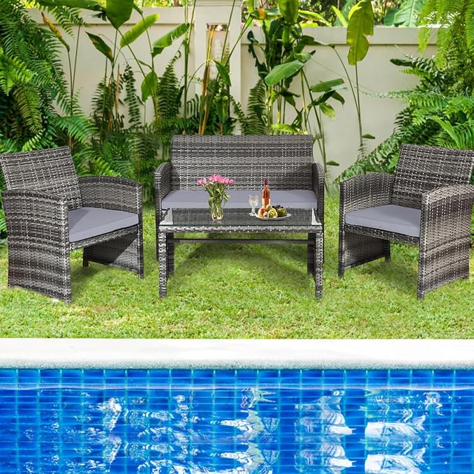 Outdoor Conversation Set, 8 Pieces Wicker Patio Furniture Set with Ergonomic Curved Design, Patio Chair Set with Water-Resistant Cushion & Tempered Glass Table for Backyard, Porch(Gray)