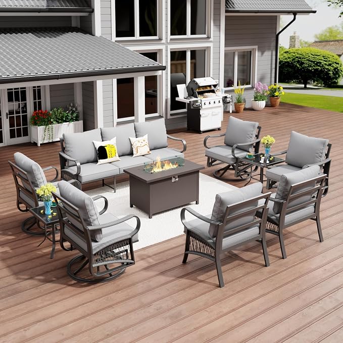 10 Piece Patio Furniture Set with 50000 BTU Propane Fire Pit Table, All Weather Outdoor Conversation Set with 4 Swivel Chairs, Sofa and Thick Cushions for Garden, Porch, Lawn, Grey