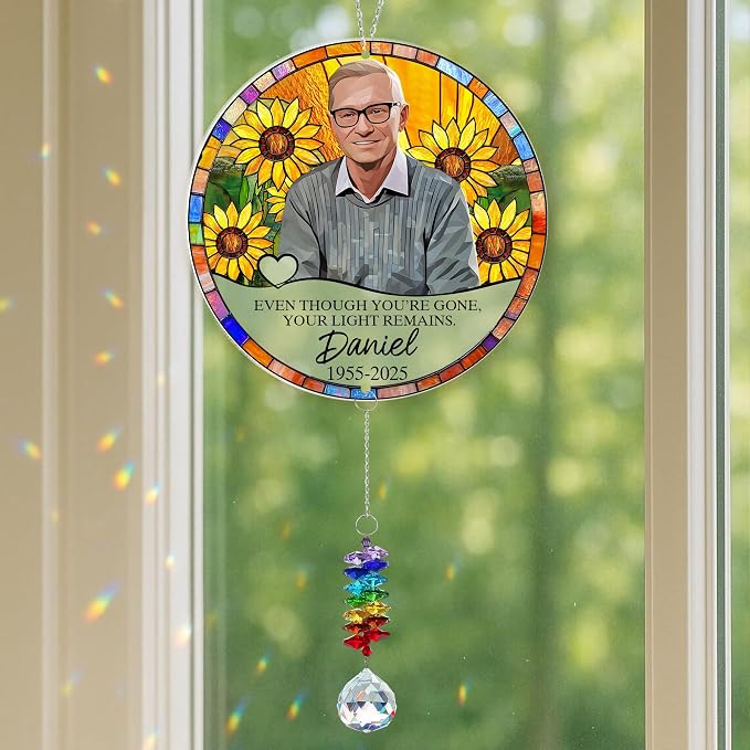 Personalized Photo Memorial Acrylic Window Hanging Suncatcher with Charm - Sympathy Memorial Gift, Loss of Mother, Loss of Father, Custom Photo, Name, Years (Memorial Suncatcher with Charm)