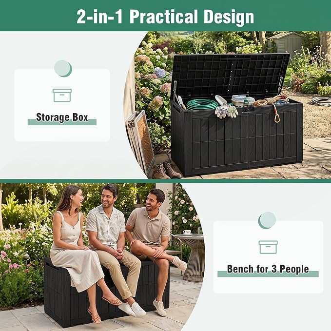 Tangkula 120 Gallon Outdoor Storage Box, Waterproof PP Resin Patio Storage Box with Lockable Lid for Indoor & Outdoor Use, 2-in-1 Rattan Design Deck Box for Cushions, Garden Tools