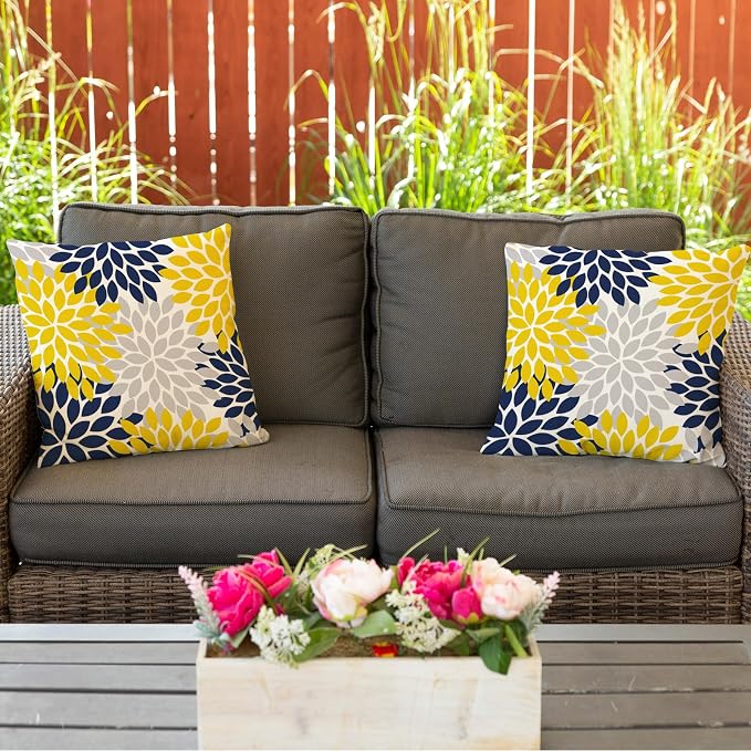 Yellow Blue Dahlia Floral Outdoor Pillow Covers 18x18 Set of 2 Waterproof Abstract Flower Summer Decorative Outdoor Pillow Covers for Patio Furniture Porch Couch Home Decoration (Navy Yellow)