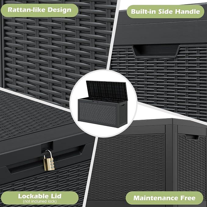 Outdoor Storage Box, 60 Gallon Resin Deck Boxes Outdoor Waterproof For Patio Furniture, Garden Tools, Pool Supplies, Lockable And UV Resistant (Rattan Black)