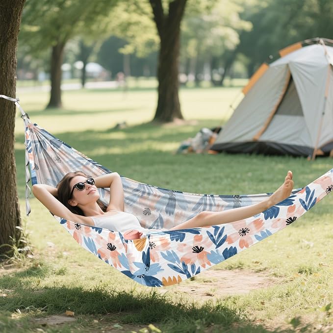 Camping Hammock Outdoor Hammocks for Outside Abstract Flowers Pink Blue Beach Trees Portable Lightweight with Pockets Tree Straps Indoor Small