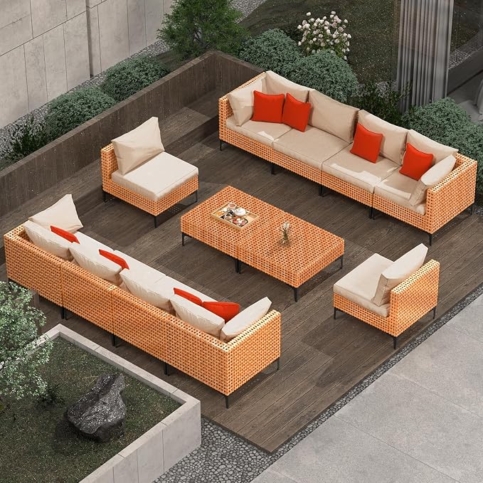 12 Piece Modular Outdoor Furniture Set - Wicker Sectional Sofa With Table for Patio, Balcony, Porch, Deck, Yard (Salmon&Orange Wicker, Sand Cushion)
