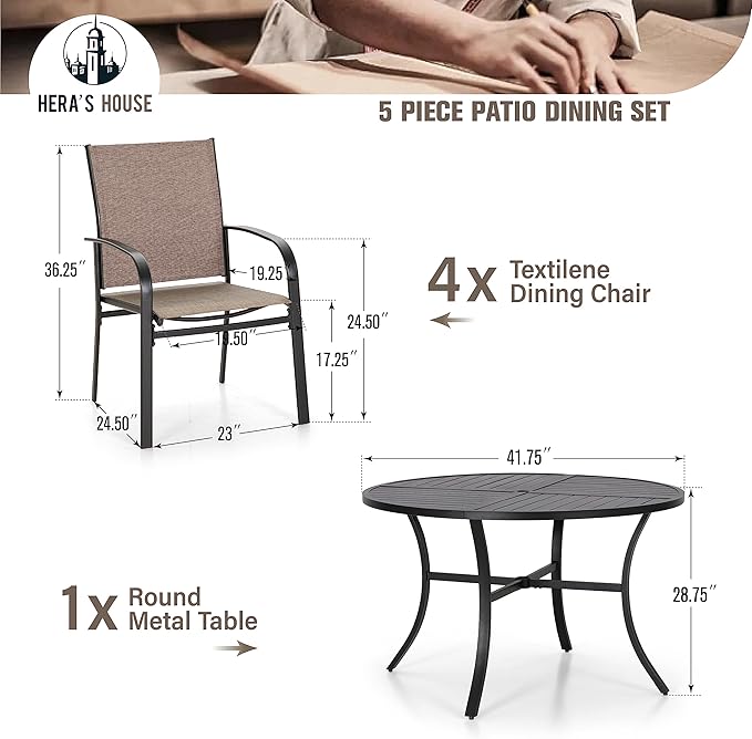 HERA'S HOUSE Patio Table and Chairs Set, 5 Pieces Outdoor Dining Set with Round Metal Table and Textilene Chairs for Lawn Garden Backyard Deck,Brown