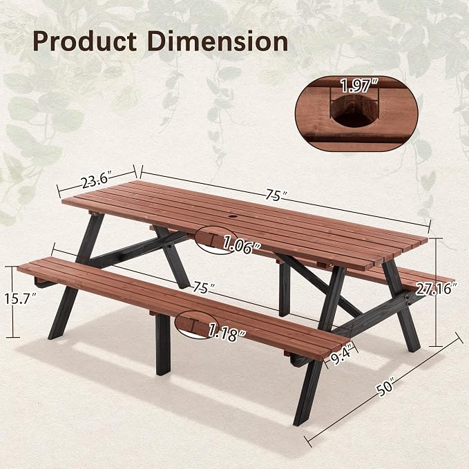 75'' Rectangular Outdoor Dining Table Wooden Patio Dining Table & 2 Built-in Bench for 8, 2" Umbrella Hole, Suitable for Picnic Backyard Garden Porch, Wood Brown