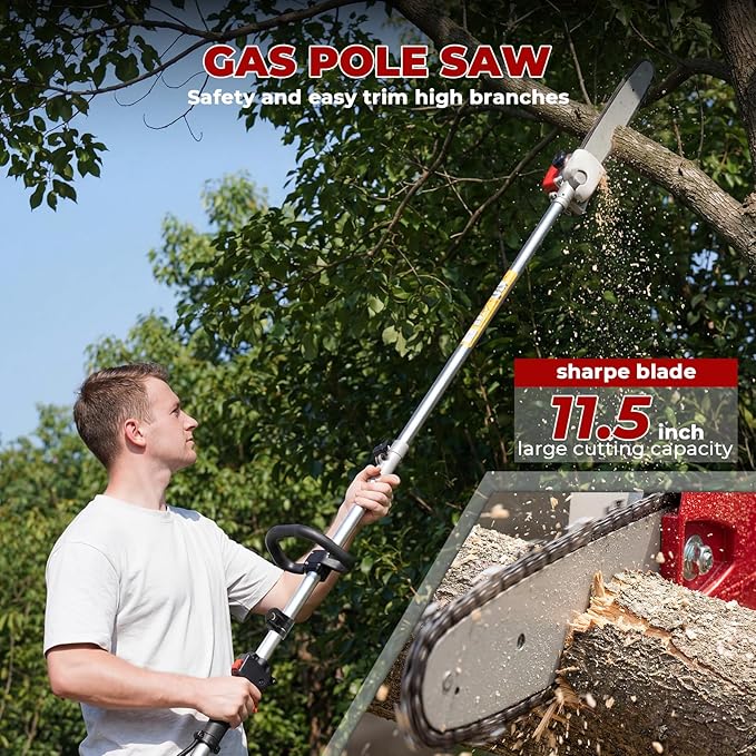 6-in-1 Gas Powered Multi-Functional Garden Tool, 58CC 2-Cycle String Trimmer & Weed Wacker, Includes Pole Saw, Hedge Trimmer and Brush Cutter for Clearing, Pruning & Professional Lawn Maintenance