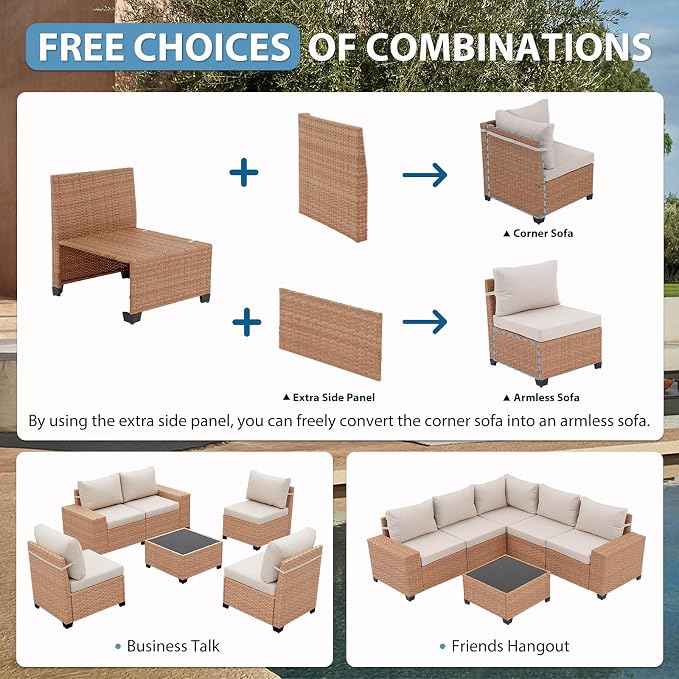 JOIVI 6-Piece Outdoor Sectional Patio Furniture Set, All-Weather Wicker Conversation Sectional with 8” Wide Armrests & 4” Cushions, Modular L-Shaped Sofa for Backyard, Garden & Porch, Beige