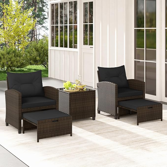 Tangkula 5 Pieces Patio Conversation Set, PE Wicker Rattan Outdoor Furniture Set with 2 Chairs, 2 Ottomans & Tempered Glass Coffee Table, Ideal for Poolside, Backyard, Lawn, Deck, Mix Brown & Black