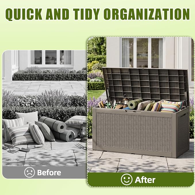Vixzen 120 Gallon Deck Boxes Outdoor Waterproof, Large Resin Lockable Storage Box with lid for Patio Furniture Cushions, Weatherproof Outdoor Storage Boxes for Garden Tools & Pool Accessories(Grey)
