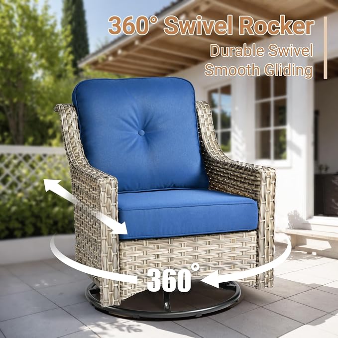 HOOOWOOO Outdoor Patio Furniture Set,10 Pieces Wicker Out Door Sectional Furniture L Shaped Couch,Patio Conversation Sets with Swivel Rocking Chair LED Table,Navy Blue