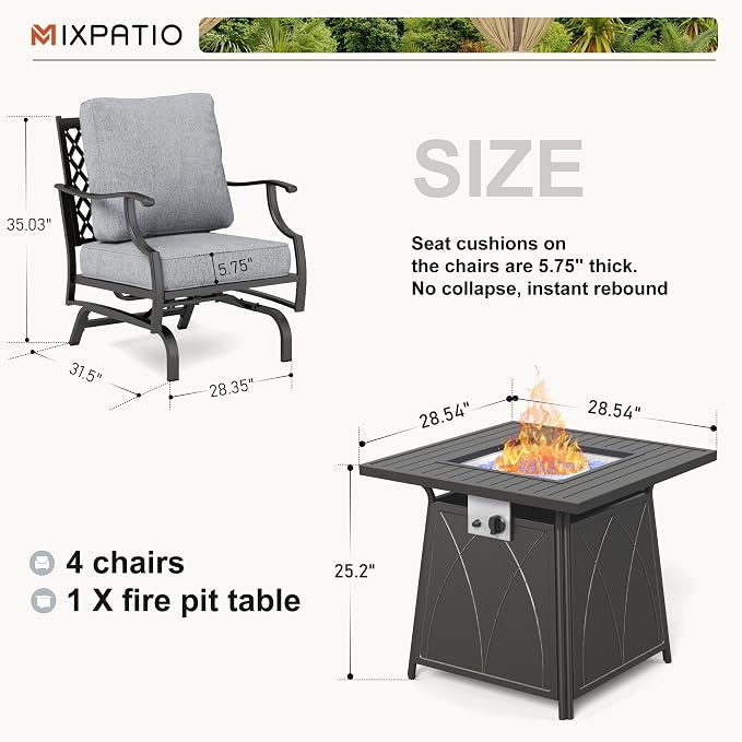 MIXPATIO Patio Furniture Set with Fire Pit Table, 5 Pcs Metal Outdoor Conversation Set, 4 Rocking Chairs with 5.75" Extra Thick Cushion and 28" Fire Pit Table for Backyard Deck, Grey