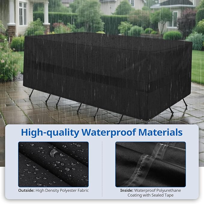 SunPatio Patio Furniture Covers Waterproof, Rectangular Table and Chairs Set Cover, Outdoor Furniture Set Cover with Drawstrings and Taped Seams, All Weather Protection, 110"W x 80"D x 30"H, Black