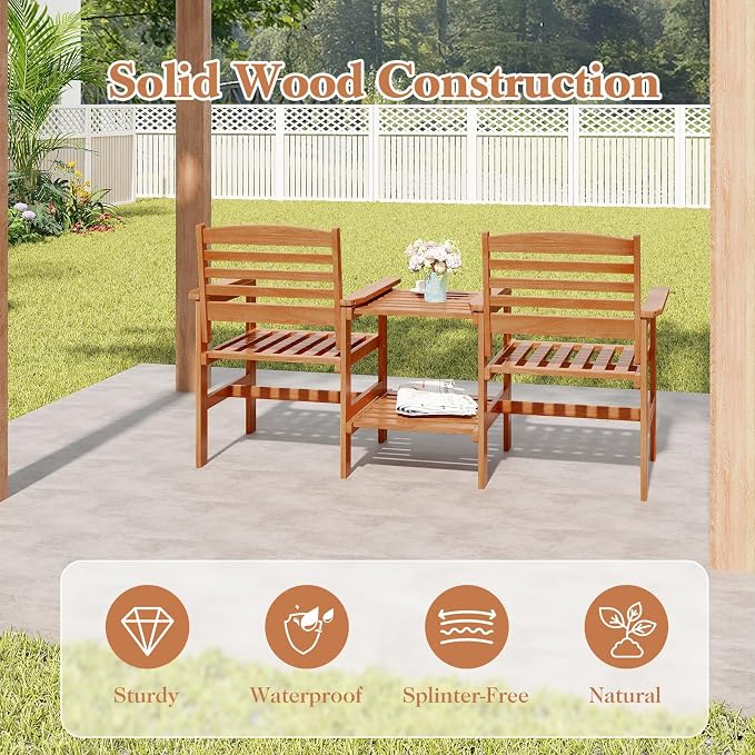 Tangkula Outdoor Patio Loveseat with Table, Wood 2-Seat Conversation Set with Coffee Table and Umbrella Hole, Outdoor Furniture Set for Garden Poolside Backyard Balcony Porch Deck (Natural)