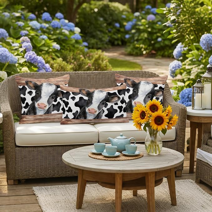 Cow Printed Outdoor Pillow Covers 18x18 Inch Throw Pillow Covers Set of 2 Waterproof Decorative Pillow Cases Farmhouse Watercolor Country Wooden Grain Cushion Covers for Patio Furniture Garden Couch
