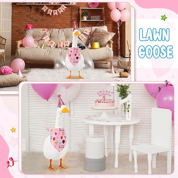 Happy Birthday Goose Outfit with Glitter Hat and Bandana,Pink | for 23" 17" Cement Plastic Porch Goose, Outdoor Statue Patio Yard Lawn Art