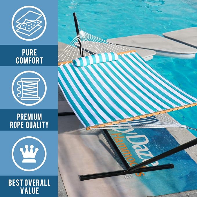 Lazy Daze Hammocks 12FT Quilted Fabric Double Hammock with Spreader Bars and Detachable Pillow, 2 Person Hammock for Outdoor Patio Backyard Poolside, 450 LBS Weight Capacity, Sailor Stripe