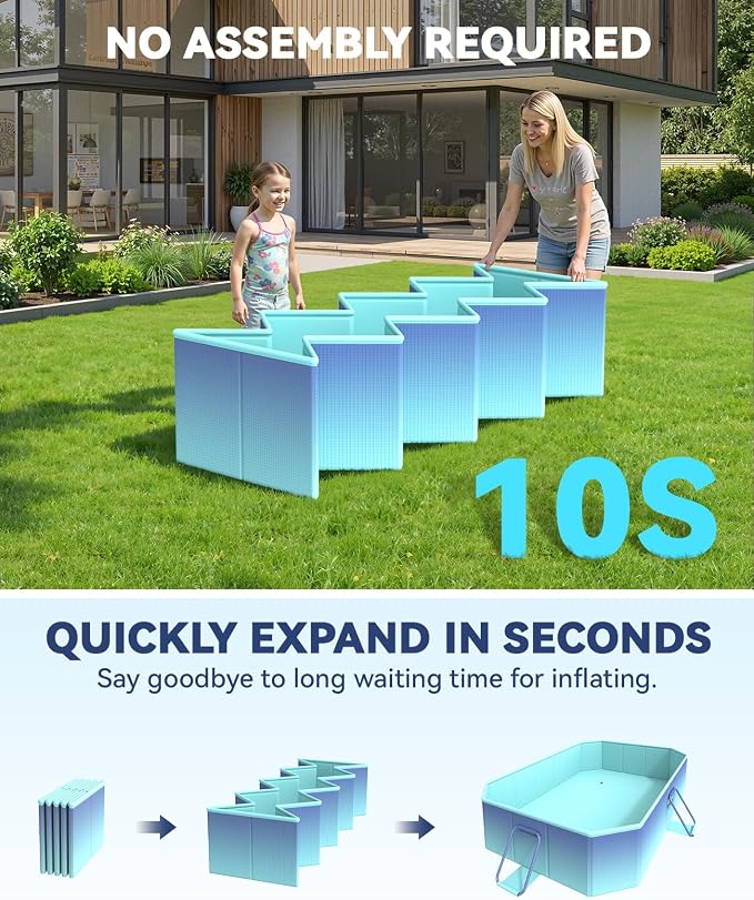 HeySplash Foldable Pool, Non-Inflatable Swimming Pool with Rigid Puncture-Proof Hard Composite Board, Kiddie Pool Outdoor Pool, Adults & Kids Pool for Backyard Garden Dog Pool 59"×45"×17", Ice Blue