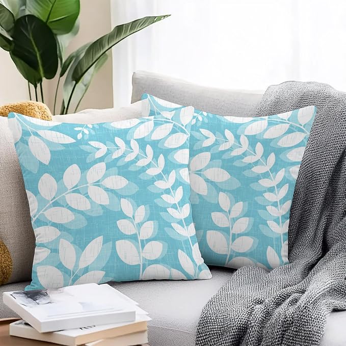 Light Blue Leaves Outdoor Waterproof Throw Pillow Covers 24x24 Set of 2, Farmhouse Botanical Branch Vintage Boho Leaf Decorative Pillowcases Cushion Pillowcase for Couch Sofa Patio Pillow Protector
