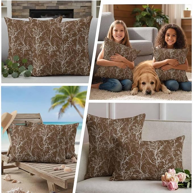 Brown Branches Waterproof Outdoor Pillow Covers Set of 2 Home Decor, Abstract Art Leaves Plant Pillowcase Patio Pillow Covers for Couch Bench Patio Furniture Garden 26x26in