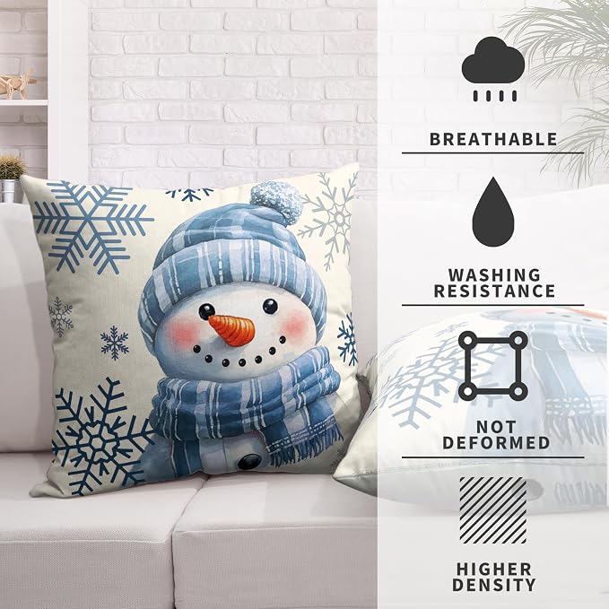 Lovely Blue Snowman Pillow Covers Winter Throw Pillow Case 16x16 Set of 2 Snowflakes Pillowcase Holiday Cushion Case for Living Room Bedroom Couch Sofa