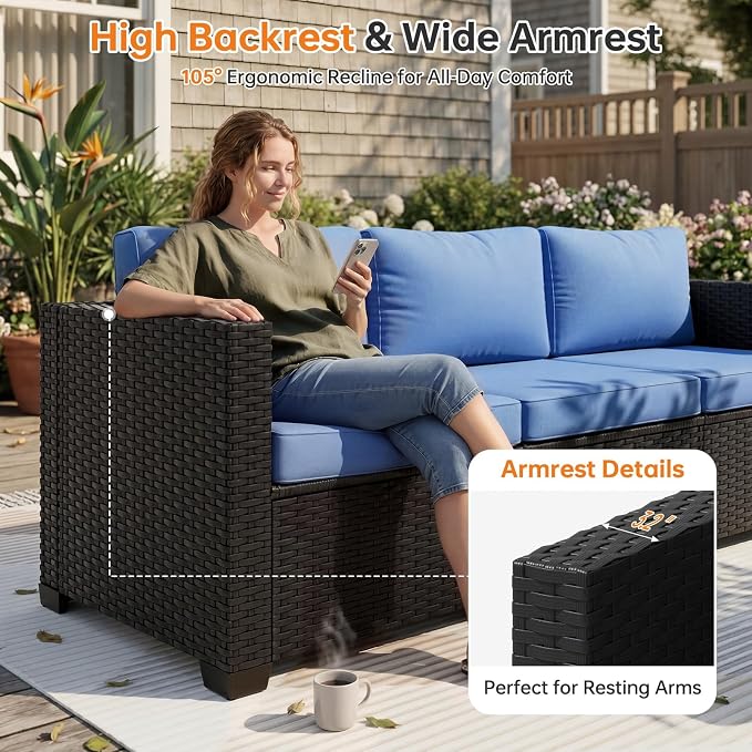 LazySunsets 7-Piece Outdoor Patio Furniture Set, Rattan Outdoor Sectional with Thick Waterproof Cushions, Wicker Ottomans & Waterproof Cover, Patio Conversation Set for Garden, Backyard,Navy Blue