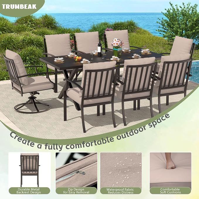 9-Piece Patio Dining Set Outdoor Conversation Set,Metal Outdoor Furniture Set with Umbrella Hole Cut-Out 78.7" x 35.4" Table and 8 Metal Chairs for Backyard,Garden,Sand